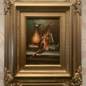 CUADROS: OLEO SOBRE LIENZO EN ADHERIDO A TABLA BODEGÓN MUSICAL FDO. FLORA