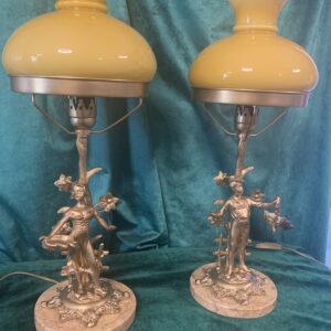 ANTIGUAS LAMPARAS DE BRONCE Y MARMOL ITALIANO CON PANTALLA QUNQUE EN COLOR